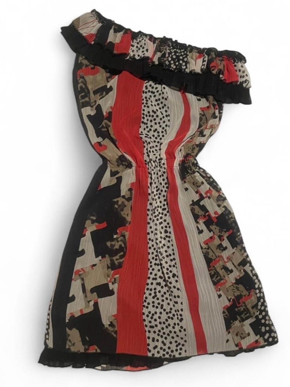 Off-Shoulder Multicolor Patterned Summer Dress - Black Red Cream
